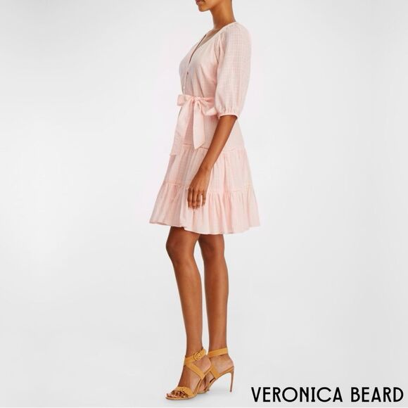 Veronica Beard **NWT** Dewey Tiered Cotton Button-Up Tie Waist Dress Pink Haze - Picture 8 of 11